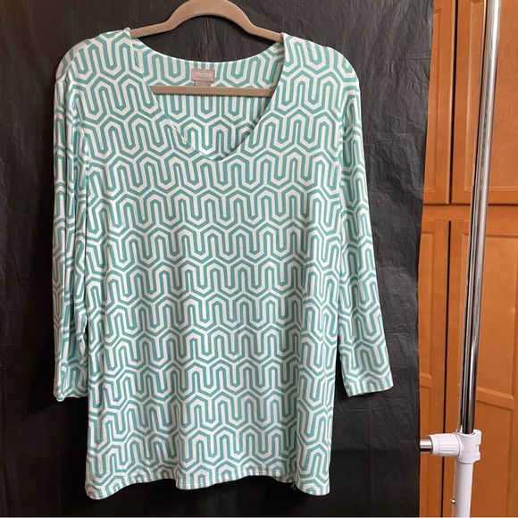 Chico's 3 Teal Geometric Women's Blouse Summer Resort Vacation - Picture 1 of 6